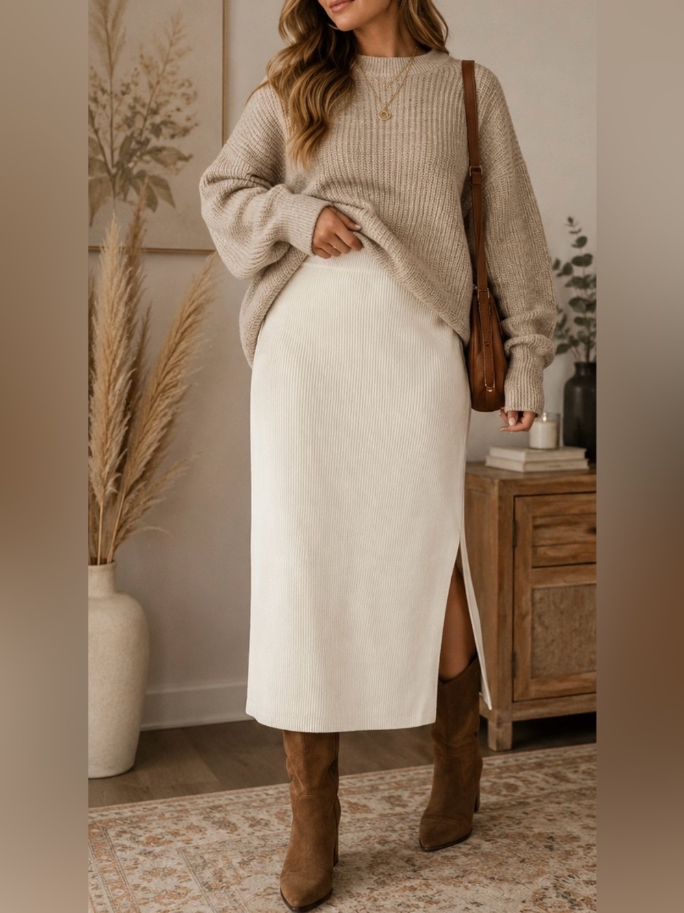 Ava & Viv Cream Ribbed Midi Skirt XXL NWT Side Slit